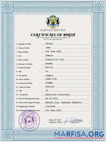 Downloadable Gabon birth certificate PSD template